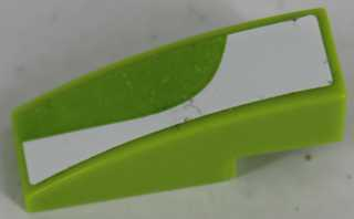 Lime green LEGO curved 3x1 slope brick with a white curved pattern sticker applied on its left side.