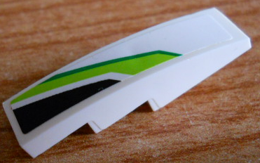 White LEGO curved slope 4x1 with green and black diagonal stripe pattern, part 61678pb134L from set 8864.