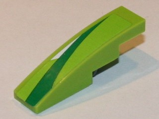 Lime green LEGO 4x1 curved slope piece with a dark green and white wave-like pattern on the right side.