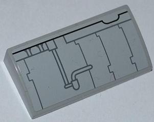 Light gray LEGO curved slope 2x4 with black lines depicting internal structures and tubes, likely from a Millennium Falcon set.