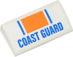 LEGO white curved 2x4 slope brick with an orange rectangle, blue lines, and 'COAST GUARD' text pattern.
