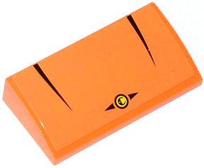 Orange LEGO curved slope 2x4x2/3 with black triangular stripes, a yellow and black circular emblem, and two black arrows.