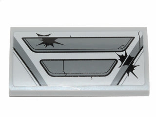 White LEGO 2x4 curved slope brick featuring a grey armor plate design with two windows and black bullet holes pattern.
