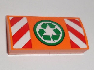 Orange LEGO 88930pb066 curved slope with green recycling arrows and red and white danger stripes pattern.
