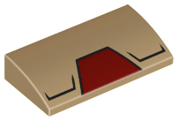 Tan curved LEGO slope 2x4 with dark red trapezoid and black angled lines pattern, for BrickHeadz Iron Man MK50.