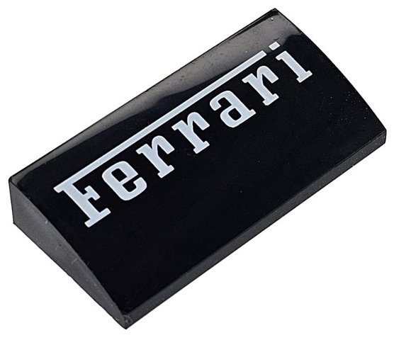 Black LEGO 2x4x2/3 curved slope brick with white 'Ferrari' pattern.
