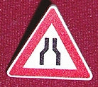 LEGO 892pb004 Road Sign 2x2 Triangle with Clip, white with red border and narrow road ahead symbol.