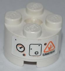 LEGO 3941pb12 - Ronde steen 2 x 2 met Axle Hole, Bolted Panel en zwart 'WARNING'-patroon (Sticker) - Set 8958