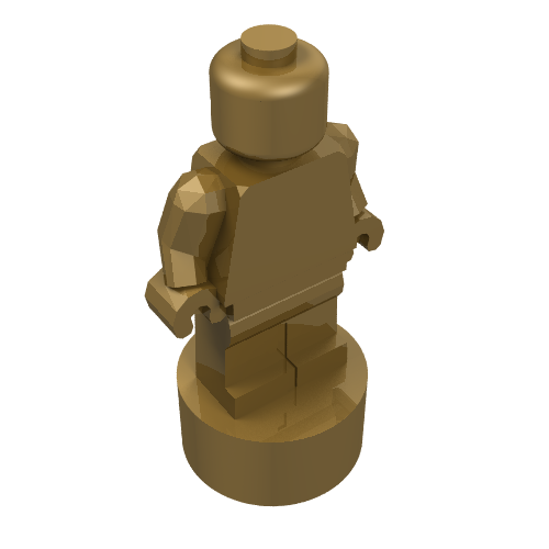 A gold LEGO minifigure statuette 90398, a trophy on a round base, viewed from the back-right angle.