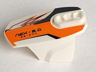 White LEGO Hero Factory armor, Size 5, with orange, black & silver graphics, 'NEX-2.0' text, and ball joint socket.