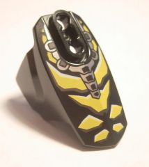 Black LEGO Hero Factory Armor part 90639pb015, size 5, with a ball joint socket and yellow Waspix insect pattern.