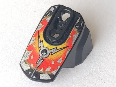 Black LEGO Hero Factory armor, size 4, with ball joint socket and red/silver triple lightning bolt fire pattern.