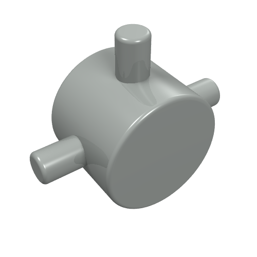 Gray LEGO Technic Universal Joint 4L center piece, cylindrical with one vertical stud and two horizontal axles.