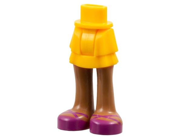 LEGO mini-doll lower body: yellow layered skirt, medium nougat legs, magenta sandals with purple strap pattern.