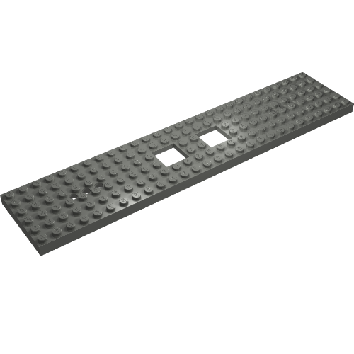 Dark gray LEGO 92339 Train Base 6x28 plate with studs and two square 2x2 cutouts.