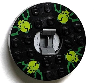 LEGO 92549c02pb01 - Ronde draaitafel 6 x 6 x 1 1/3 met zwarte bovenkant en limoenschedels op groen patroon (Ninjago Spinner)