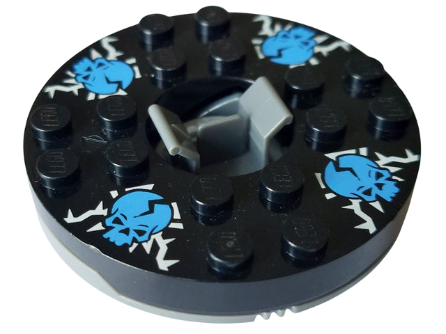 LEGO Turntable 6x6 Round Base, black top with blue skulls on white pattern, Ninjago Spinner.
