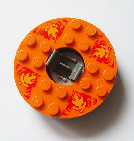 LEGO 92549c05pb01 - Turntable 6 x 6 x 1 1/3 Round Base with Orange Top and Bright Light Orange Faces on Red Flames Pattern (Ninjago Spinner)
