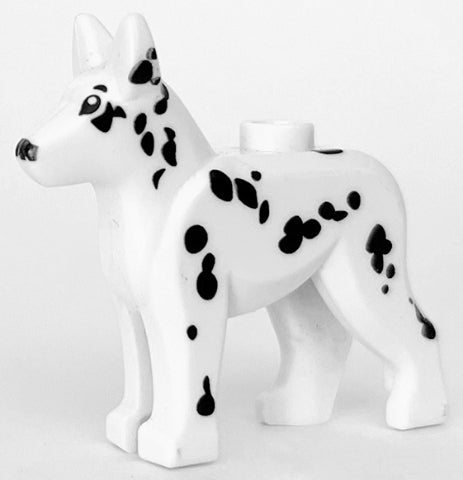White LEGO dog figurine with black eyes, nose, and black spots pattern, standing on a white background.