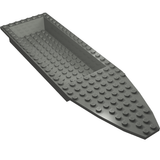 Grey LEGO boat hull, part 92711, unitary 28x8, with studs on the deck and an open rectangular interior.