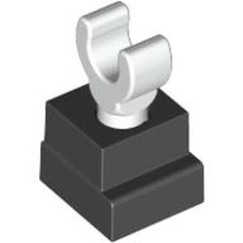 White LEGO skeleton leg with hook mounted on a black square base piece. Part 93062c01.