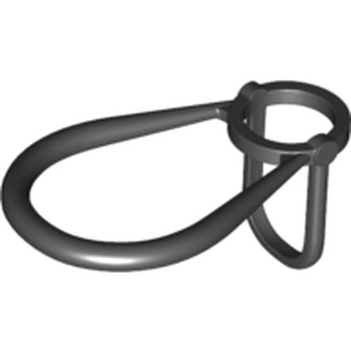 Dark gray LEGO Friends horse bridle, part 93087, featuring a circular headpiece and curved loops for attachment.