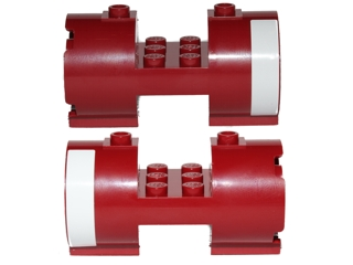 Two dark red LEGO 93168pb02 cylinders, 3x6x2 2/3 horizontal with square connections and white stripe stickers on sides.