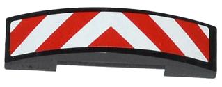 LEGO curved 4x1x2/3 double slope part, black, with red and white danger stripes in a thick chevron pattern.
