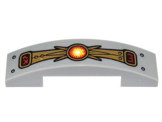 Light gray LEGO curved slope with gold panel design, red markings on ends, and central glowing yellow energy orb.