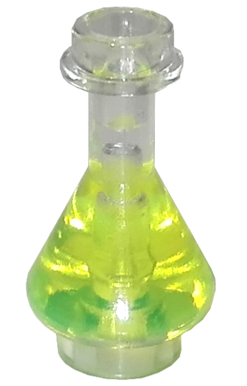 LEGO 93549pb03 Erlenmeyer flask, transparent bottle with molded trans-neon green fluid pattern inside.