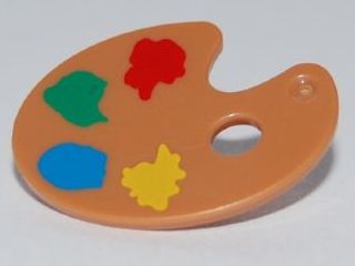 Light orange LEGO minifigure paint palette with yellow, blue, green, and red paint spots.