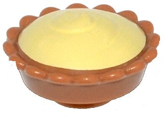 LEGO pie with a brown crust and bright light yellow cream filling, featuring a scalloped edge.