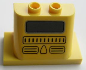 A yellow LEGO 93598pb03 windscreen piece with a 2x4 base, featuring a printed grille and window pattern.