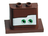 Brown LEGO 93598pb04 windscreen brick with a white pattern featuring green eyes looking left.