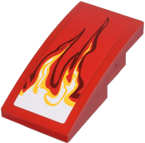 Red LEGO Slope, Curved 4 x 2 with white and yellow flames pattern