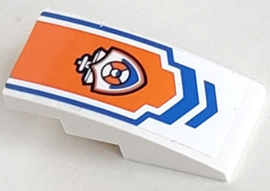 LEGO 93606pb011 - Helling, gebogen 4 x 2 met blauwe chevron en kustwachtlogo op oranje achtergrond (sticker) - Set 60011