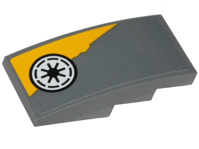 LEGO Dark Stone Grey curved 4x2 slope with yellow triangular shape and Star Wars Republic symbol.