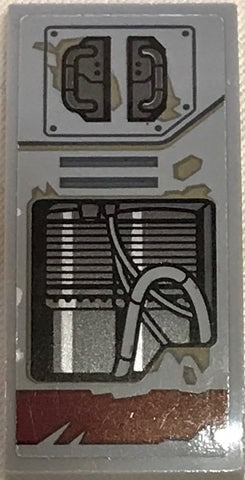Light gray LEGO tile with Star Wars sticker showing dark gray panels, vents, curving hoses, and distressed red/brown markings.