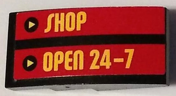 LEGO 93606pb152 curved slope 4x2, red sticker with yellow 'SHOP' and 'OPEN 24-7' text, and play button icons.