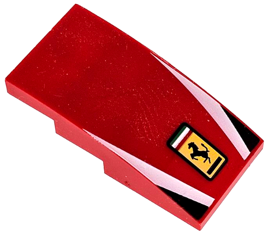 Red LEGO Slope, Curved 4x2, printed with Ferrari logo, white stripes, and black triangles pattern.