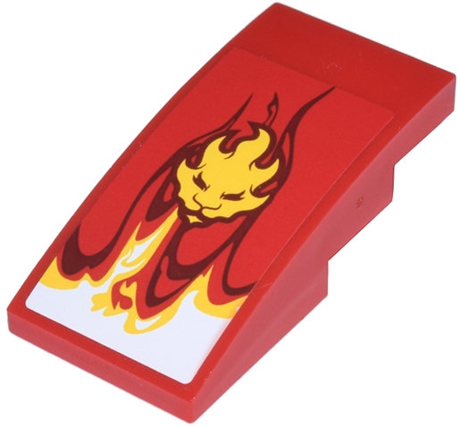 Red curved LEGO slope 4x2 with a yellow lion head breathing fire amidst yellow and red flames.