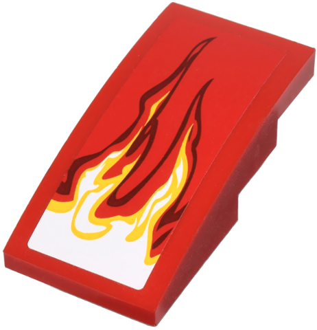 Red LEGO curved 4x2 slope brick with a white and yellow flame pattern on the right side.