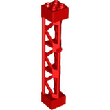 A red LEGO 95347 Support 2 x 2 x 10 Girder Triangular Vertical part on a white background.