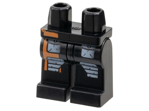 Black LEGO hips and legs with light gray pockets and knee pads, featuring an orange stripe pattern.