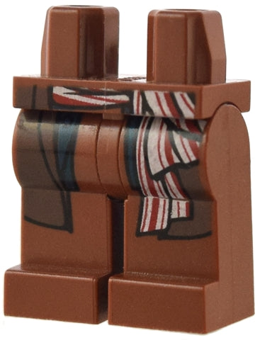 LEGO 970c00pb0111 Hips and Legs, Dark Brown with Coattails, Blue Vest Tails, and Red and White Sash Pattern.