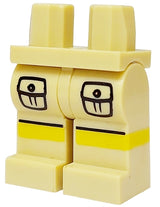 Tan LEGO hips and legs with black printed cargo pockets, and yellow stripes with black lines on the lower legs.