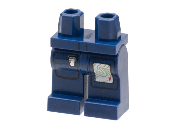 Dark blue LEGO minifigure hips and legs with a silver zippered pocket and a topographical map pattern.