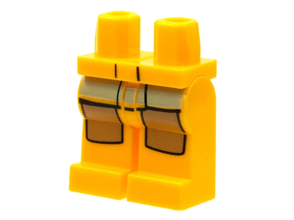 Yellow LEGO minifigure hips and legs with a fire suit pattern, featuring tan pockets and black outlines.