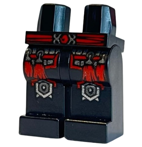LEGO minifigure hips and legs, black with red sash belt, silver thigh armor with tassels, and dark silver spiked knee pads pattern.