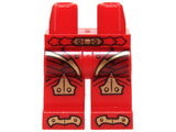 Red LEGO minifigure legs with a gold belt, scaled armor pattern on the thighs, and gold knee pads pattern.